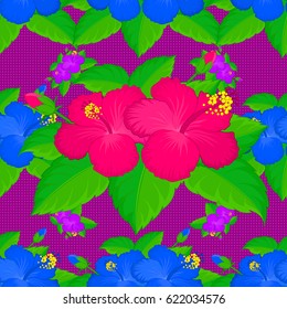 Hand written vector hibiscus flowers, stamps, keys. Vintage seamless pattern on a purple background.