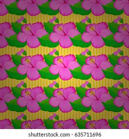 Hand written vector hibiscus flowers, stamps, keys. Vintage seamless pattern on a yellow background.