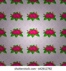 Hand written vector hibiscus flowers, stamps, keys. Vintage seamless pattern on a beige background.