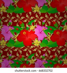 Hand written vector hibiscus flowers, stamps, keys. Vintage seamless pattern on a red background.