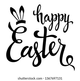 Hand written vector lettering graphic text with bunny ears. Happy Easter greetings