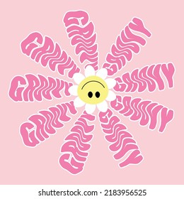 Hand written Vector lettering illustration. 70s retro style. Groovy-words in the form of flower petals. Print for graphic tee, poster, sticker, banner, t shirt, icon, label, flyer, badge, advertising.