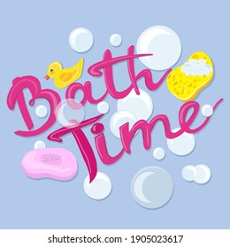 hand written vector pink Bath Time with bubbles and soap and rubber yellow duck on the blue background