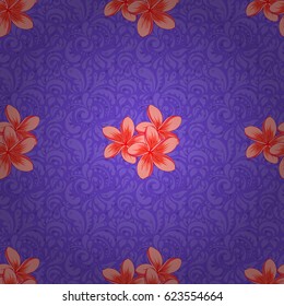 Hand written vector plumeria flowers, stamps, keys. Vintage seamless pattern on a violet background.