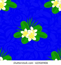 Hand written vector plumeria flowers, stamps, keys. Vintage seamless pattern on a blue background.