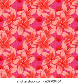 Hand written vector plumeria flowers, stamps, keys. Vintage seamless pattern on a pink background.