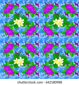 Hand written vector plumeria flowers, stamps, keys. Vintage seamless pattern on a purple background.