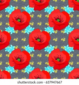 Hand written vector poppy flowers, stamps, keys. Vintage seamless pattern on a gray background.