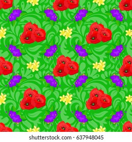 Hand written vector poppy flowers, stamps, keys. Vintage seamless pattern on a green background.