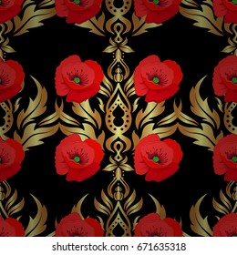 Hand written vector poppy flowers, stamps, keys. Vintage seamless pattern on a black background.