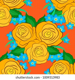 Hand written vector rose flowers and green leaves, stamps, keys. Vintage seamless pattern in orange, blue and yellow colors.