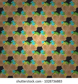 Hand written vector rose flowers and green leaves, stamps, keys. Vintage seamless pattern in green, beige and gray colors.