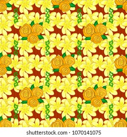 Hand written vector rose flowers and green leaves, stamps, keys. Vintage seamless pattern in yellow, orange and brown colors.