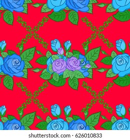 Hand written vector rose flowers and green leaves, stamps, keys. Vintage seamless pattern on a red background.