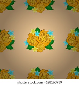 Hand written vector rose flowers and green leaves, stamps, keys. Vintage seamless pattern on a beige background.