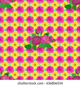 Hand written vector rose flowers and green leaves, stamps, keys. Vintage seamless pattern on a green background.