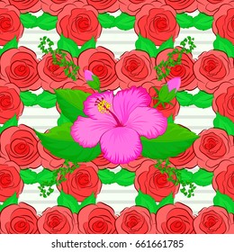 Hand written vector rose flowers and green leaves, stamps, keys. Vintage seamless pattern on a beige background.