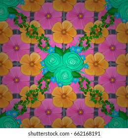 Hand written vector rose flowers and green leaves, stamps, keys. Vintage seamless pattern on a gray background.