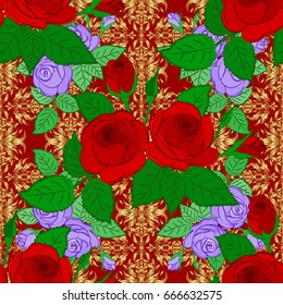 Hand written vector rose flowers and green leaves, stamps, keys. Vintage seamless pattern on a red background.