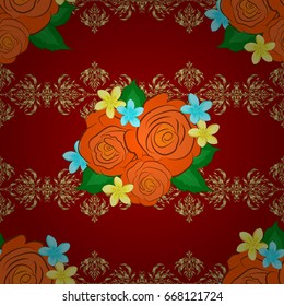 Hand written vector rose flowers and green leaves, stamps, keys. Vintage seamless pattern on a red background.
