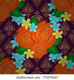 Hand written vector rose flowers and green leaves, stamps, keys. Vintage seamless pattern in blue, purple and orange colors.