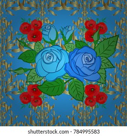Hand written vector rose flowers and green leaves, stamps, keys. Vintage seamless pattern in blue and neutral colors.