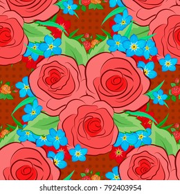 Hand written vector rose flowers and green leaves, stamps, keys. Vintage seamless pattern in pink, red and green colors.