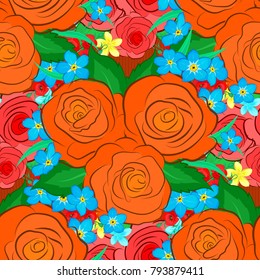 Hand written vector rose flowers and green leaves, stamps, keys. Vintage seamless pattern in orange, green and blue colors.