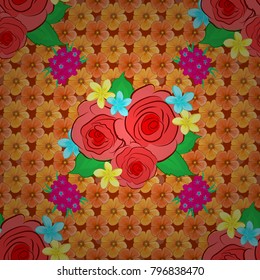 Hand written vector rose flowers and green leaves, stamps, keys. Vintage seamless pattern in yellow, pink and orange colors.