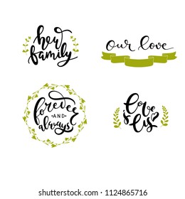 Hand written wedding lettering set with decorative elements. For cards, prints, banners and invitations. Vector illustration. Eco style