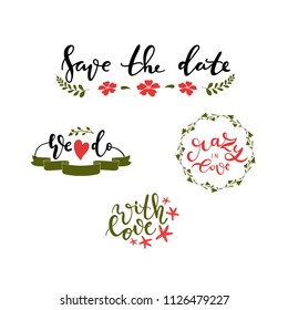 Hand written wedding lettering set with decorative plants, flowers and ribbon. For wedding decor, cards, prints, banners and invitations. Nature style