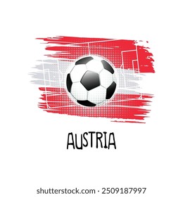 Hand written word "Austria" with soccer ball, soccer field and abstract colors of the Austrian flag. Vector illustration.
