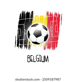 Hand written word "Belgium" with soccer ball, soccer field and abstract colors of the Belgian flag. Vector illustration.