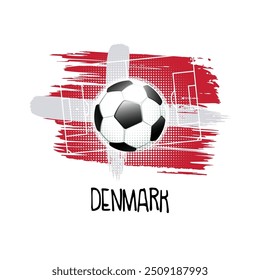 Hand written word "Denmark" with soccer ball, soccer field and abstract colors of the Danish flag. Vector illustration.