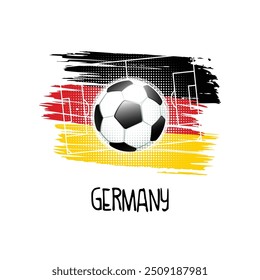 Hand written word "Germany" with soccer ball, soccer field and abstract colors of the German flag. Vector illustration.