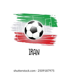 Hand written word "Iran" with soccer ball, soccer field and abstract colors of the Iranian flag. Vector illustration.