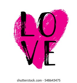 Hand written word Love. Vector card with hand drawn heart.