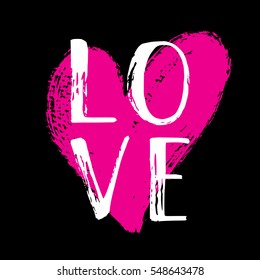 Hand written word Love. Vector card with hand drawn heart.