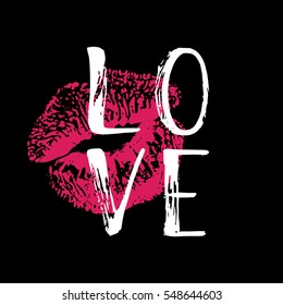 Hand written word Love. Vector card with lipstick imprint.
