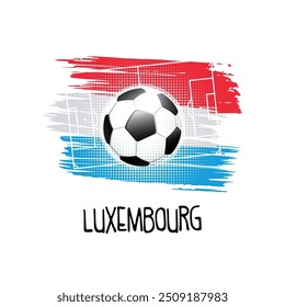 Hand written word "Luxembourg" with soccer ball, soccer field and abstract colors of the Luxembourg flag. Vector illustration.