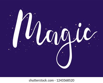 Hand written word MAGIC with golden sparks. Vector illustration

