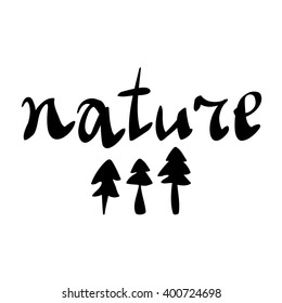 hand written word 'nature' wit three stylized trees