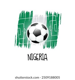 Hand written word "Nigeria" with soccer ball, soccer field and abstract colors of the Nigerian flag. Vector illustration.