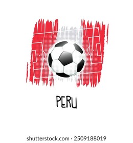 Hand written word "Peru" with soccer ball, soccer field and abstract colors of the Peruvian flag. Vector illustration.