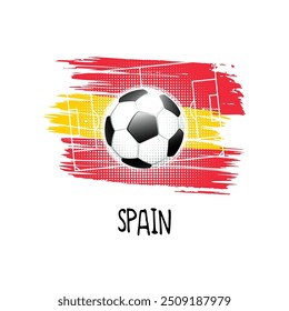 Hand written word "Spain" with soccer ball, soccer field and abstract colors of the Spanish flag. Vector illustration.