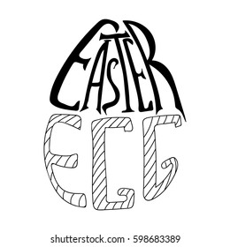 Hand written words Easter Egg. Lettering in the form of an egg. Hand drawing. Vector illustration.