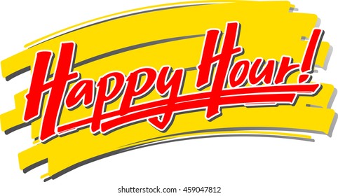 The hand written words "Happy Hour!" hand written in front of a brush stroke