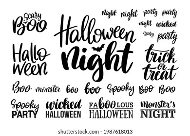 Hand written words and phrases. Black and white vector doodle illustration for Halloween