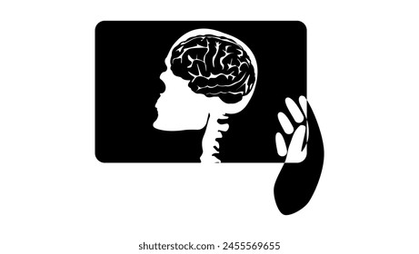 Hand and X-ray with Brain, black isolated silhouette