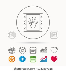 Hand X-ray icon. Human skeleton sign. Calendar, Graph chart and Cogwheel signs. Download and Heart love linear web icons. Vector